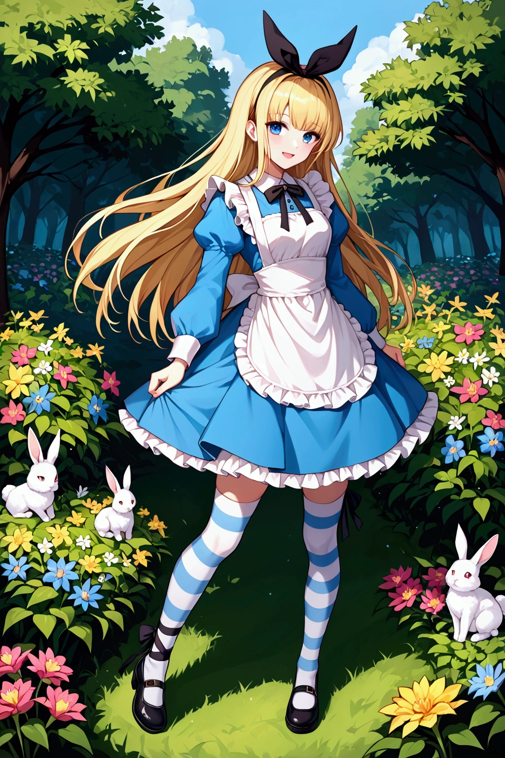 (masterpiece:1.2), (best quality:1.2), 1girl, alice (\alice in wonderland\), solo, blonde hair, long hair, bangs, blue eyes, smile, faint lips, open mouth, aqua dress, frilled dress, apron dress, black ribbon, long sleeves, frilled sleeves, black headband, hair ribbon, frilled skirt, white thighhighs, (striped thighhighs), leg ribbon, strap shoes, flower, many flowers, white rabbit