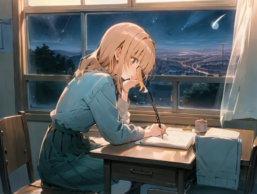 shiina mahiru, sitting on desk, side view, lofi girl inspired, writing on her diary on a desk, cute room, window with night sky.