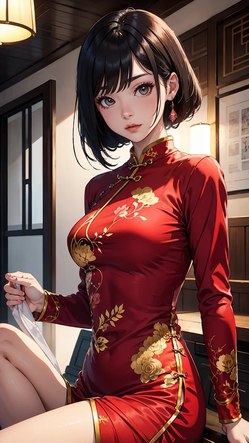 Red cheongsam，a woman,There isking，red clothes， Wearing a red cheongsam, silk fabric,king爱达&#39;Elegant Patterns best quality, 4K, 8k, high resolution, masterpiece:1.2), flowing skirt, High heel, Super detailed, (current, realistically, realistically:1.37), There is.king, art style embryo, (current: 1.2), (endless reality), (masterpiece: 1.2), (best quality), (Super detailed), (8k, 4K, Complex), wear underwear,，High heel