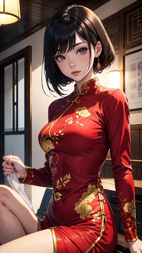 red cheongsam，a woman,there isking，red clothes， wearing a red cheongsam, silk fabric,king爱达&#39;elegant patterns best quality, 4...