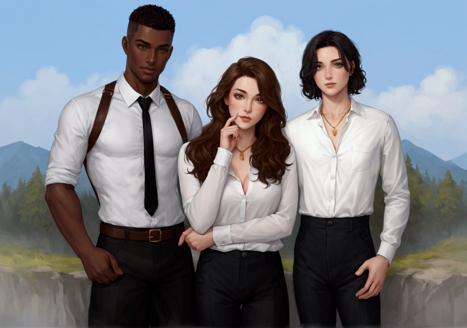 Three people are standing in the open air against the background of a gloomy and scary forest. The man on the left is a tall dark man, dressed in a white shirt with a black tie and suspenders, complemented by dark trousers, he hugs a girl by the hips. the woman stands in the middle, long wavy brown hair, she is dressed in a white long-sleeved shirt with unbuttoned buttons, a beautiful neckline and black trousers with suspenders are visible, complemented by a gold necklace. The man on the right is a white man with black hair cut in a square, dressed in a white shirt with a slightly unbuttoned collar and dark trousers hugging a girl by the shoulders. the atmosphere is oppressive, two guards and a girl.