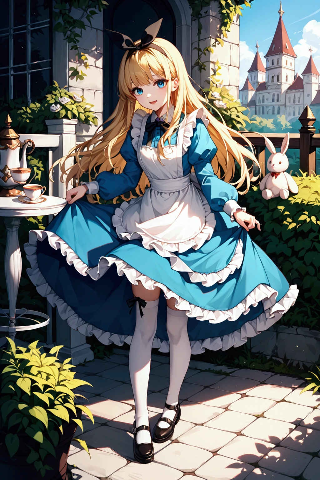 score_9, score_8_up, score_7_up, rating safe, (masterpiece:1.2), (best quality:1.2), 1girl, alice (\alice in wonderland\), solo, blonde hair, long hair, bangs, blue eyes, smile, faint lips, open mouth, aqua dress, frilled dress, apron dress, black ribbon, long sleeves, frilled sleeves, black headband, hair ribbon, frilled skirt, white thighhighs, (striped thighhighs), leg ribbon, strap shoes, outdoors, stuffed animal, stuffed toy, stuffed rabbit, tea, tea cup, playing card