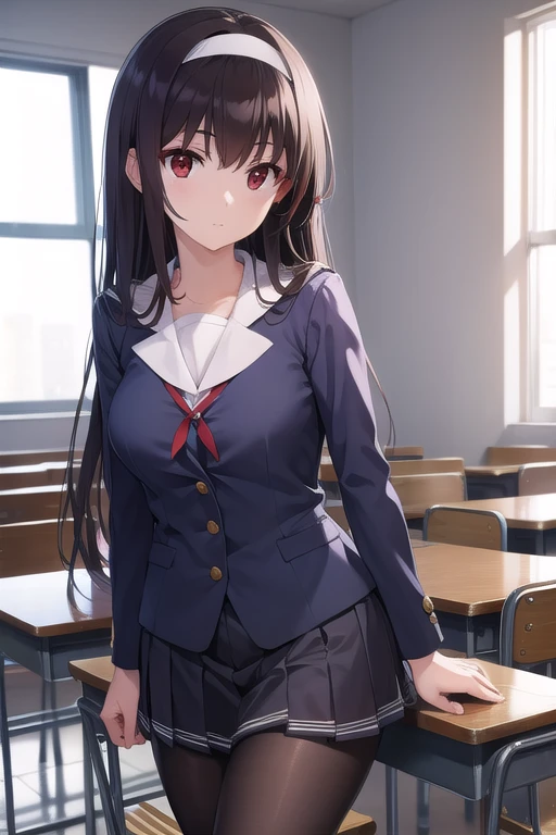 kasumigaokautaha, utaha kasumigaoka, black hair, hairband, long hair, (red eyes:1.5), 
BREAK long sleeves, school uniform, skirt, pantyhose,
BREAK looking at viewer,
BREAK indoors, classroom,
BREAK (masterpiece:1.2), best quality, high resolution, unity 8k wallpaper, (illustration:0.8), (beautiful detailed eyes:1.6), extremely detailed face, perfect lighting, extremely detailed CG, (perfect hands, perfect anatomy),