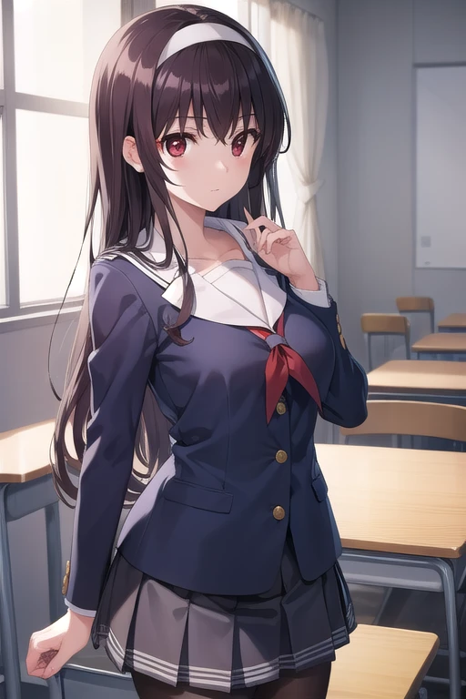 kasumigaokautaha, utaha kasumigaoka, black hair, hairband, long hair, (red eyes:1.5), 
BREAK long sleeves, school uniform, skirt, pantyhose,
BREAK looking at viewer,
BREAK indoors, classroom,
BREAK (masterpiece:1.2), best quality, high resolution, unity 8k wallpaper, (illustration:0.8), (beautiful detailed eyes:1.6), extremely detailed face, perfect lighting, extremely detailed CG, (perfect hands, perfect anatomy),