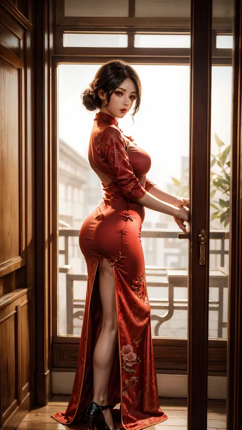 red cheongsam，a woman,there isking，red clothes， wearing a red cheongsam, silk fabric,king爱达&#39;elegant patterns best quality, 4...