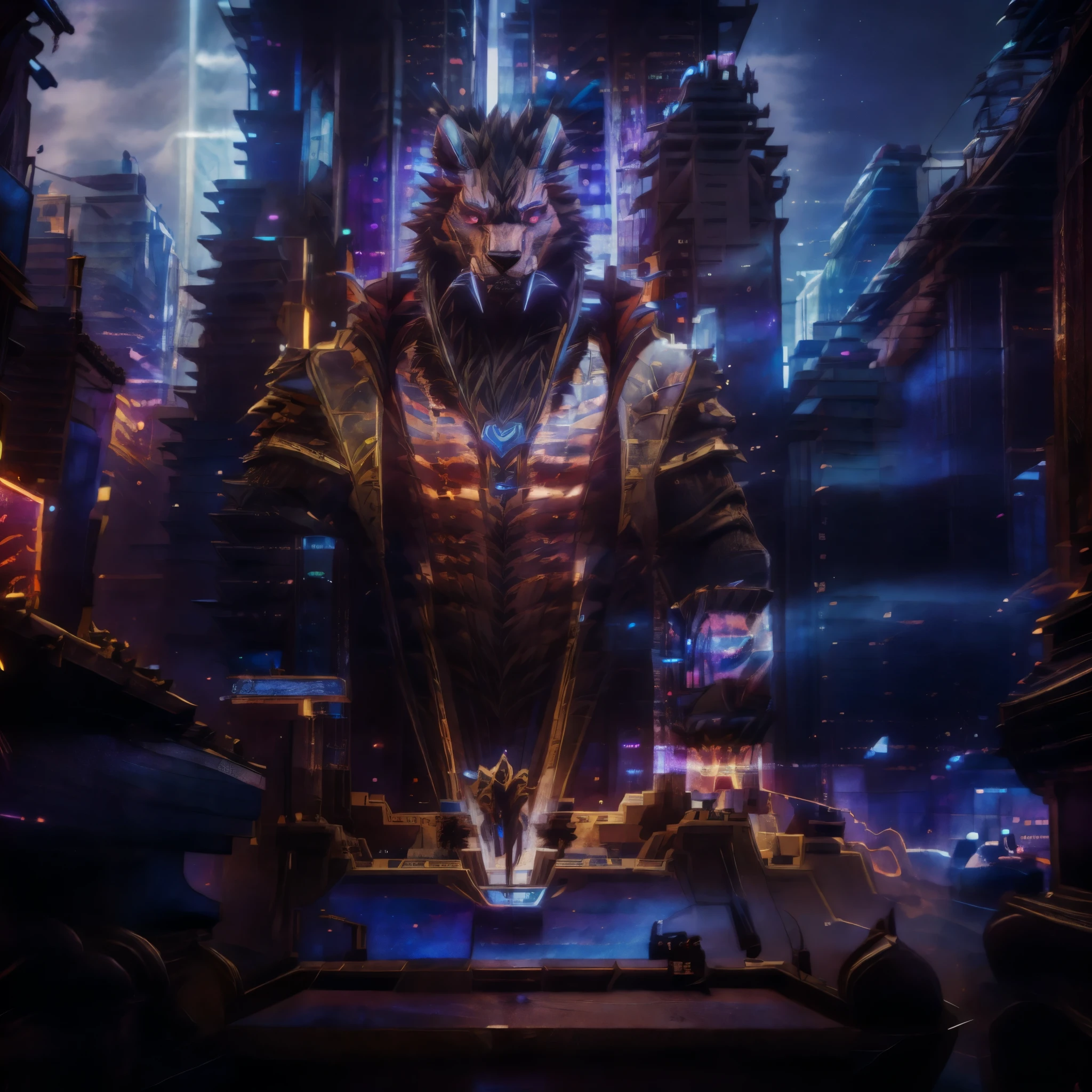 the king stands on the roof of a skyscraper and looks at the city of the future, cyberpunk, a beautiful futuristic cyberpunk city, unusually shaped skyscrapers, holographic displays, flying cars, colorful neon lights, a breathtaking night sky with stars, (best quality,8k,highres,masterpiece:1.2),ultra-detailed,(realistic,photorealistic,photo-realistic:1.37),futuristic, cinematic, volumetric lighting, moody atmosphere, dramatic lighting, vibrant colors, intricate details, a futuristic city with advanced technologies, flying transport, light roads, holographic displays, cinematic lighting, dramatic clouds, vibrant colors, hyper-detailed, 8k, photorealistic, award winning concept art, china of the future, Pagodas, chinese architecture, view from the roof of a skyscraper, view of a cyberpunk city, old, aged up, exquisite face, angular jawline, finely detailed eyes and face, physique exudes strength and power, face portrait from an anthro male beast, color graded portra 400 film, remarkable color, ultra realistic, textured skin, remarkable detailed pupils, realistic dull skin noise, visible skin detail, skin fuzz, dry skin, shot with cinematic camera, high quality photography, 3 point lighting, flash with softbox, 4K, Canon EOS R3, hdr, smooth, sharp focus, high resolution, award winning photo, 80mm, f2.8, bokeh, face close, finely detailed eyes and face, physique exudes strength and power, face portrait from an anthro male beast, detailed fur, realistic fur, animal fur, thick fur, shaggy character, animal, (Highest quality, 32K High Resolution:1.2, Very detailed, Realistic, photoRealistic, masterpiece,), Official Art, Full Body View, male, good looking, Majestic Beast, Dark sienna brown fur, Black Mane, Leonhard, Muscular body, Crimson Eyes, Serious look , Small ears, Curved black horns, Long upper jaw crab teeth