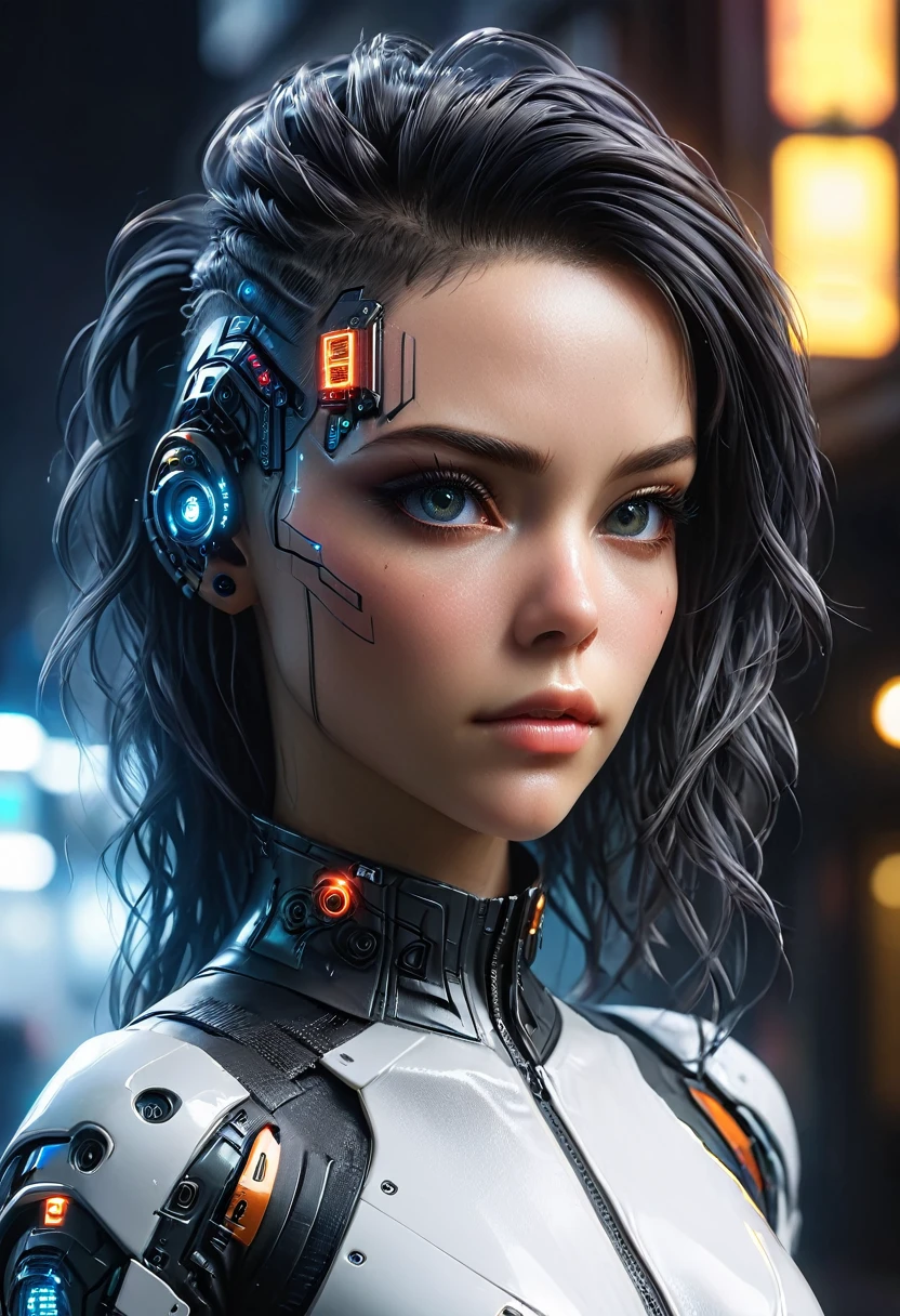 photo realistic, hyper detailed, hdr definition, uhd photo realistic, 12k, a woman, very long curly rainbow hair, wears shiny red robotic armor, (big breast:1.1), hip and navel visible, intricate details, bionic arm, technology complex, (makeup: 1.2), laser engravings of alien motifs, white LEDs integrated into her suit, she is standing and looking to the side, background of a cyberpunk street, at night, futuristic lighting, surprising details, masterpiece