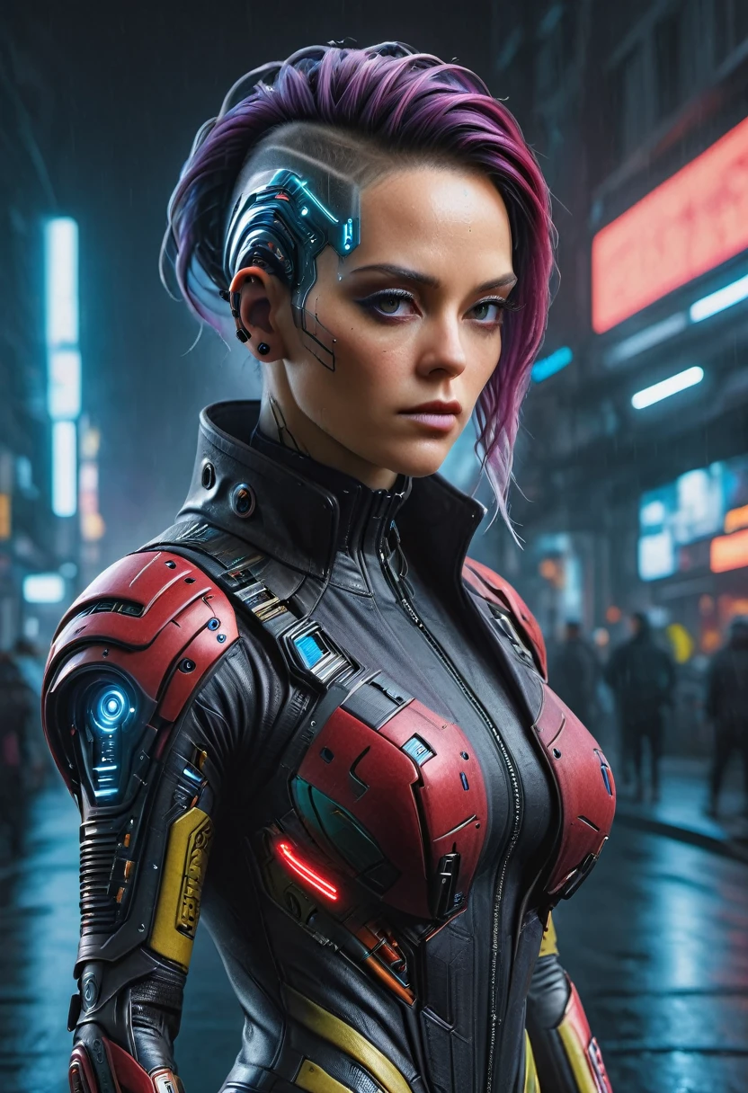 photo realistic, hyper detailed, hdr definition, uhd photo realistic, 12k, a woman, very long curly rainbow hair, wears shiny red robotic armor, (big breast:1.1), hip and navel visible, intricate details, bionic arm, technology complex, (makeup: 1.2), laser engravings of alien motifs, white LEDs integrated into her suit, she is standing and looking to the side, background of a cyberpunk street, at night, futuristic lighting, surprising details, masterpiece