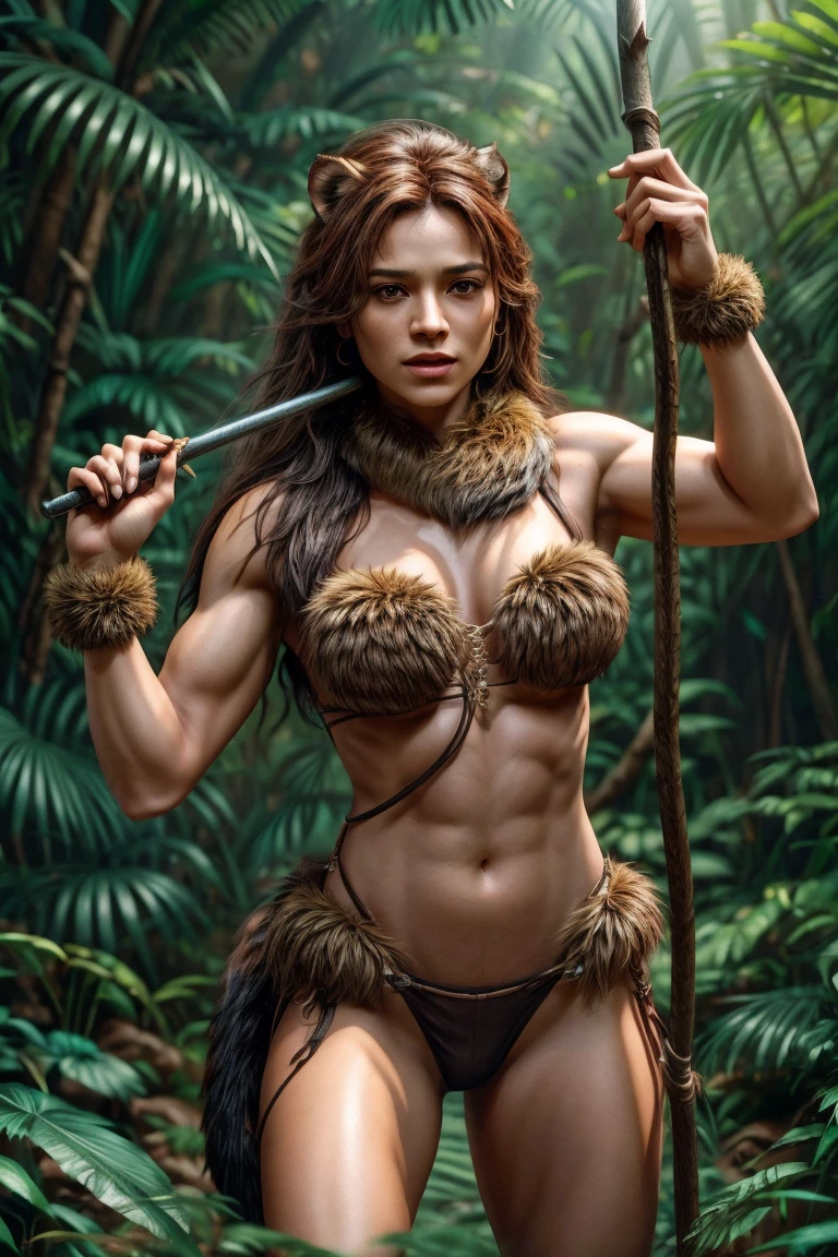 a beautiful woman in a lush jungle, wearing a fur loincloth, long brown hair, muscular physique, holding a spear, wild animals - lion, tiger, and snake surrounding her, dynamic action pose, cinematic lighting, photorealistic, octane render, 8k, highly detailed