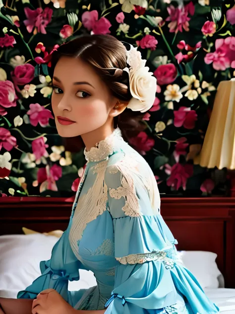 elaborate rococo hairstyle adorned with a white feather accessory, intricate light blue and cream floral dress featuring lace sl...