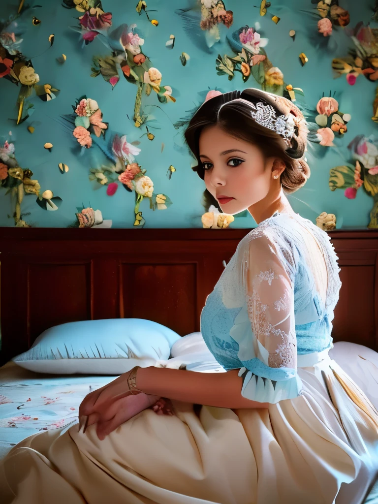 Elaborate Rococo hairstyle adorned with a white feather accessory, intricate light blue and cream floral dress featuring lace sleeves and delicate ruffles, seated elegantly on a bed with vintage floral wallpaper in the background, soft natural lighting creating a serene and timeless atmosphere, photographed from a side angle showcasing detailed antique fashion.