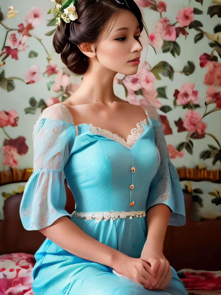 Elaborate Rococo hairstyle adorned with a white feather accessory, intricate light blue and cream floral dress featuring lace sleeves and delicate ruffles, seated elegantly on a bed with vintage floral wallpaper in the background, soft natural lighting creating a serene and timeless atmosphere, photographed from a side angle showcasing detailed antique fashion.