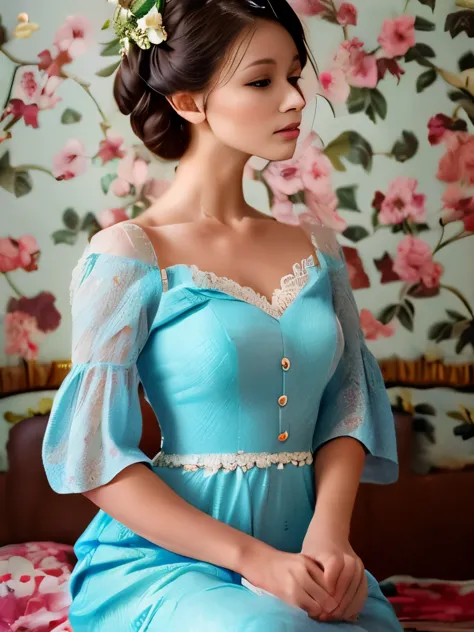 elaborate rococo hairstyle adorned with a white feather accessory, intricate light blue and cream floral dress featuring lace sl...