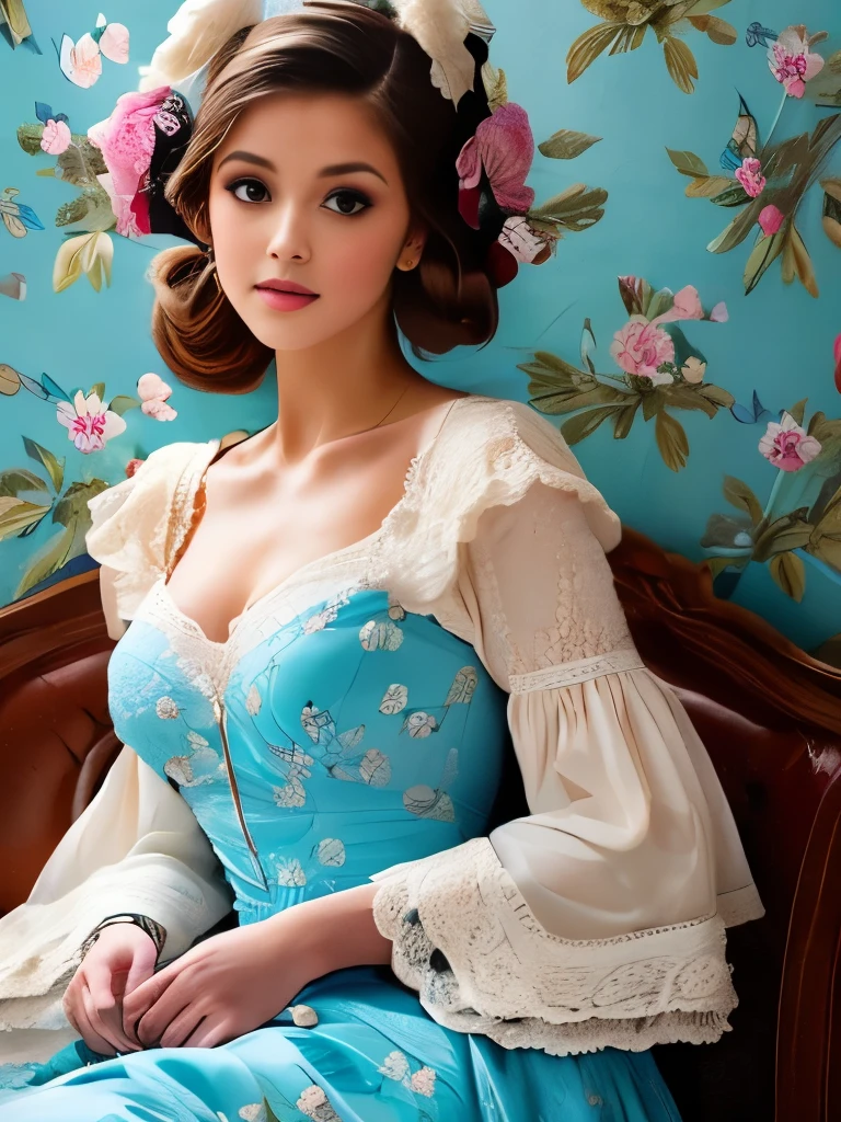 Elaborate Rococo hairstyle adorned with a white feather accessory, intricate light blue and cream floral dress featuring lace sleeves and delicate ruffles, seated elegantly on a bed with vintage floral wallpaper in the background, soft natural lighting creating a serene and timeless atmosphere, photographed from a side angle showcasing detailed antique fashion.