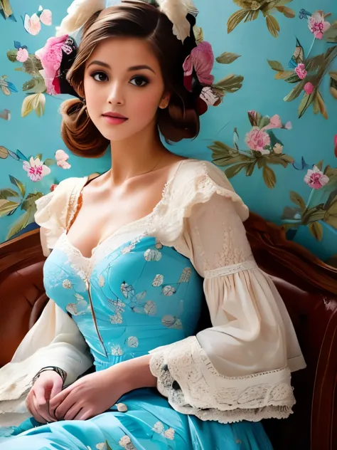 elaborate rococo hairstyle adorned with a white feather accessory, intricate light blue and cream floral dress featuring lace sl...