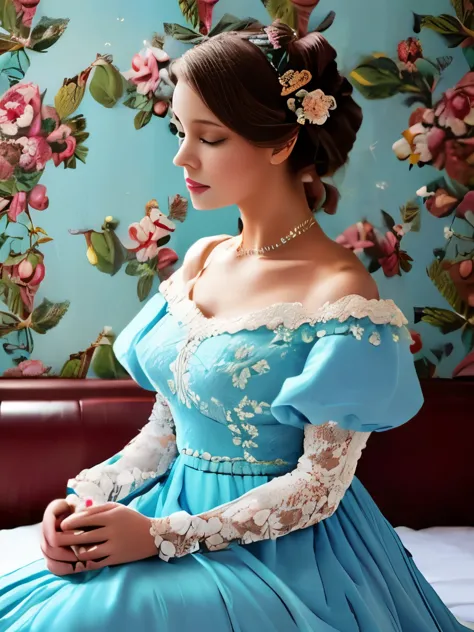 elaborate rococo hairstyle adorned with a white feather accessory, intricate light blue and cream floral dress featuring lace sl...