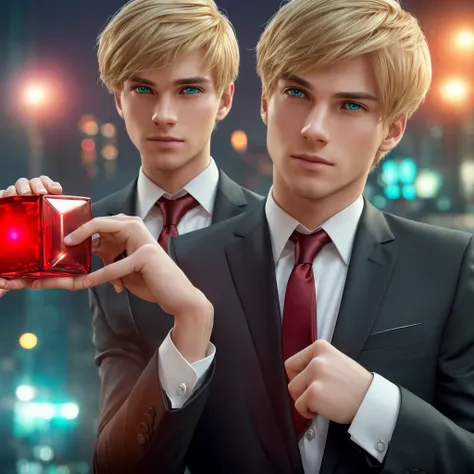 a young man in a formal suit holding a red glass cube, blonde hair, green eyes, detailed facial features, night city background,...