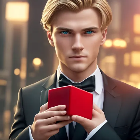 a young man in a formal suit holding a red glass cube, blonde hair, green eyes, detailed facial features, night city background,...