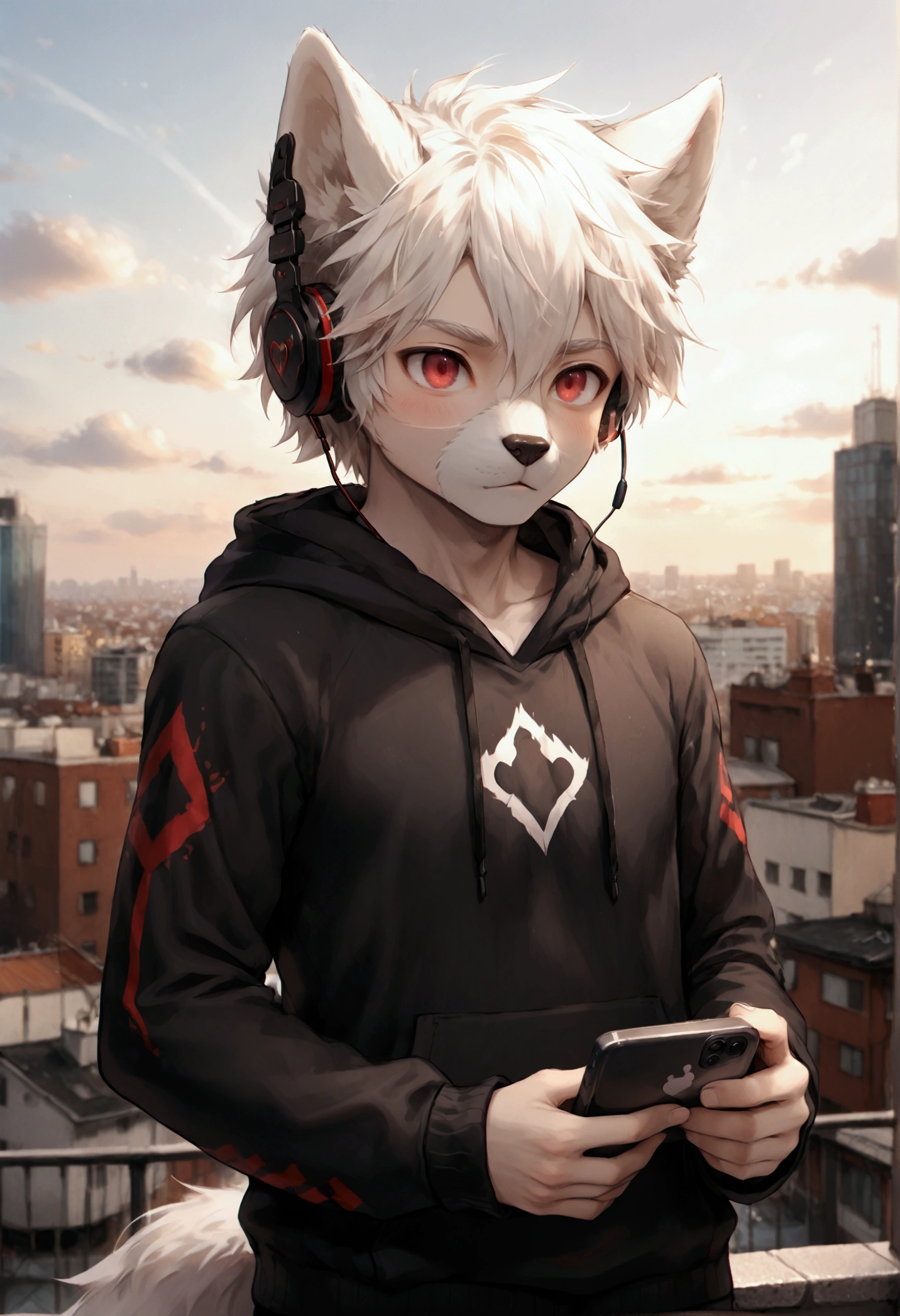 Fur, wolf boy, white male wolf, Male, red eyes, cute, shy face, slim figure, short white hair, gentle face, wearing a muzzle, fluffy white fur, wearing headphones, holding smartphone, wearing black hoodie, wearing muzzle, on rooftop