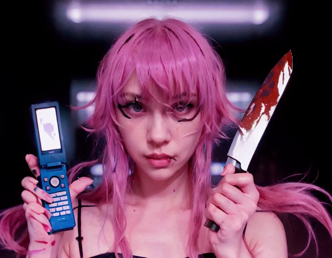 pink hair, long and wavy with bangs, black spaghetti strap top, dark backdrop with neon lights, holding a blue flip phone with a...