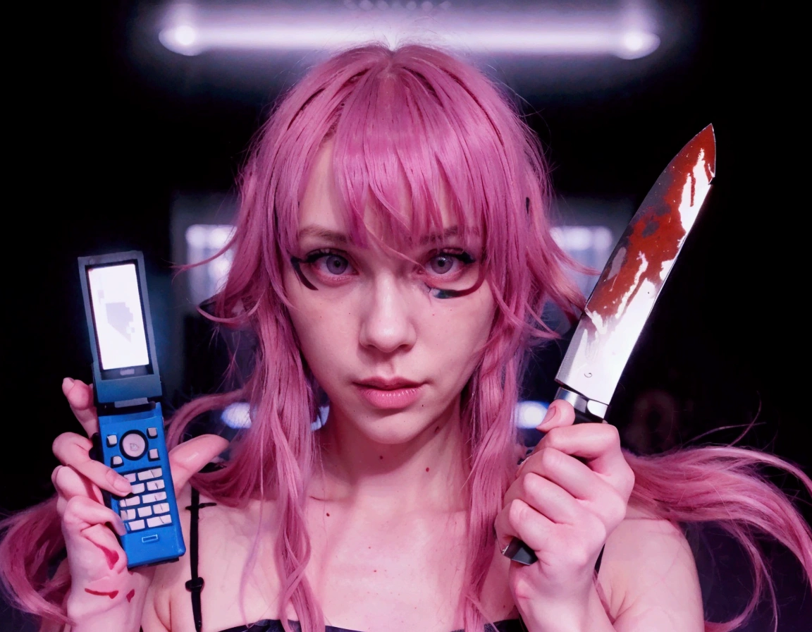 pink hair, long and wavy with bangs, black spaghetti strap top, dark backdrop with neon lights, holding a blue flip phone with a pixelated heart on the screen in the left hand, holding a bloody knife in the right hand, dramatic and intense atmosphere, medium close-up shot, direct lighting with soft shadows, vibrant and contrasting color tones.