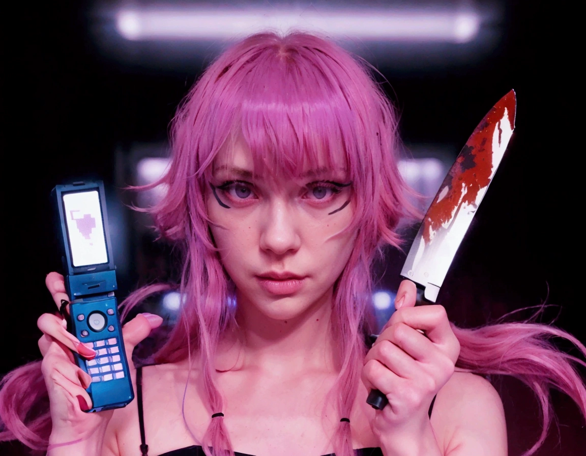 pink hair, long and wavy with bangs, black spaghetti strap top, dark backdrop with neon lights, holding a blue flip phone with a pixelated heart on the screen in the left hand, holding a bloody knife in the right hand, dramatic and intense atmosphere, medium close-up shot, direct lighting with soft shadows, vibrant and contrasting color tones.