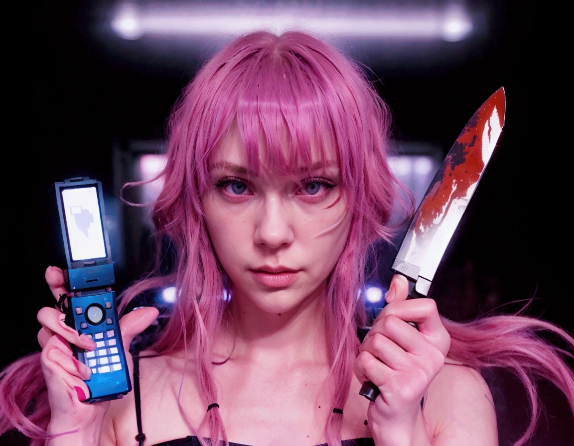 pink hair, long and wavy with bangs, black spaghetti strap top, dark backdrop with neon lights, holding a blue flip phone with a pixelated heart on the screen in the left hand, holding a bloody knife in the right hand, dramatic and intense atmosphere, medium close-up shot, direct lighting with soft shadows, vibrant and contrasting color tones.