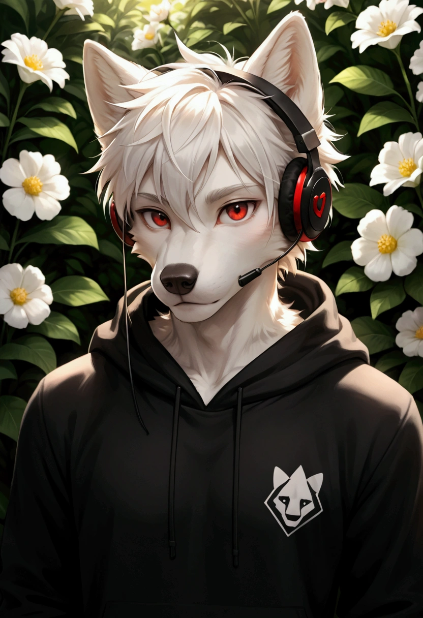 furry, wolf boy, white male wolf, Male, red eyes, cute, handsome face, looking at the viewer, slim figure, short white hair, wearing a muzzle, fluffy white fur, wearing headphones, wearing a black hoodie, wearing a muzzle, wearing flowers, facing the front