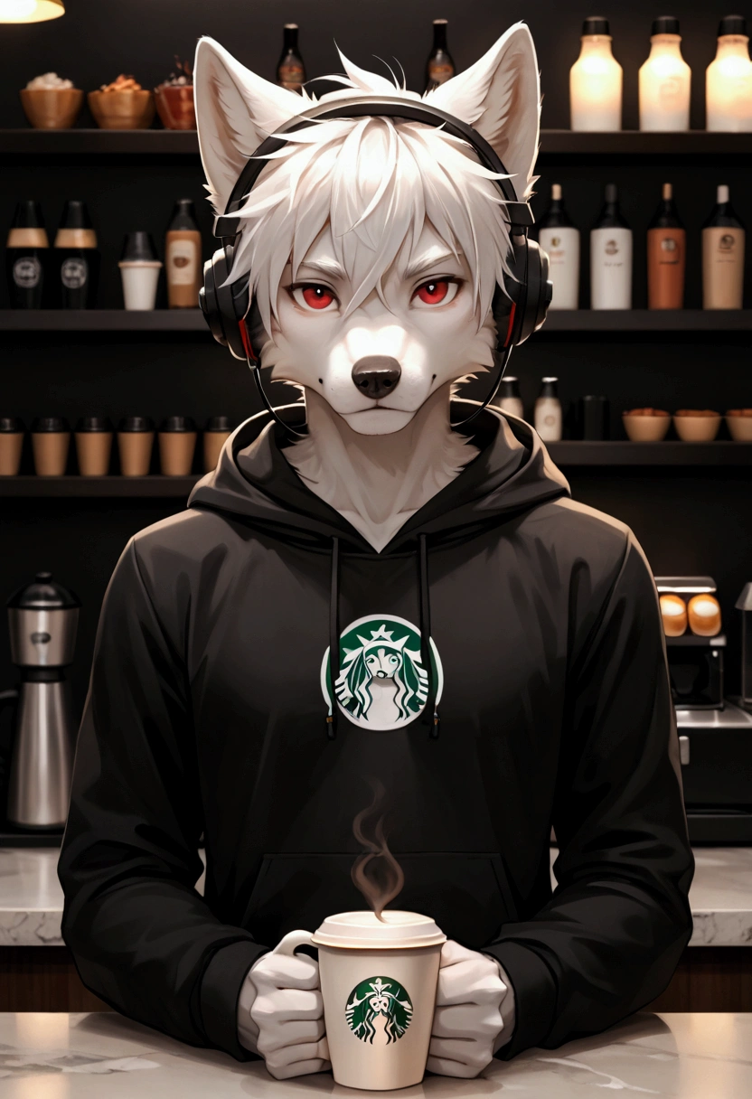 furry, wolf boy, white male wolf, Male, red eyes, cute, handsome face, looking at the viewer, slim figure, short white hair, wearing a muzzle, fluffy white fur, wearing headphones, wearing a black hoodie, wearing a muzzle, coffee shop, facing forward