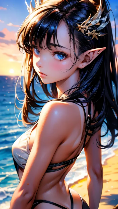 a beautiful anime girl with long black hair, blue eyes, pointy ears, timid expression, small breasts, outdoors, seaside, swimtan...