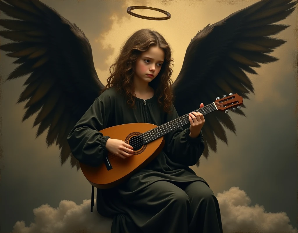 ((dark Renaissance by Giovanni Bellini)) ((teen angel girl with dark wings He plays the lute)), solo, ((sitting on the cloud)), tragic scene, nimb, dark clouds, black sad eyes, half-turned gaze to the viewer, bowed head, dark tunic, curly brown hair, ((Giovanni Bellini style)), dark Renaissance, gradient of aged yellowed canvas, ((best quality, masterpiece)), (more rights high detail), Impressionism:1.1 , 8k