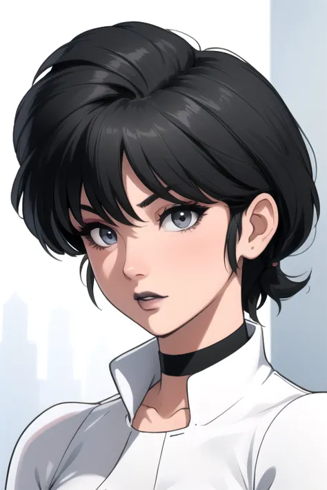 ranma-chan. very short hair. choker. grey eyes. black hair. black lips. all white bodysuit. a photo of a face in the vicinity.