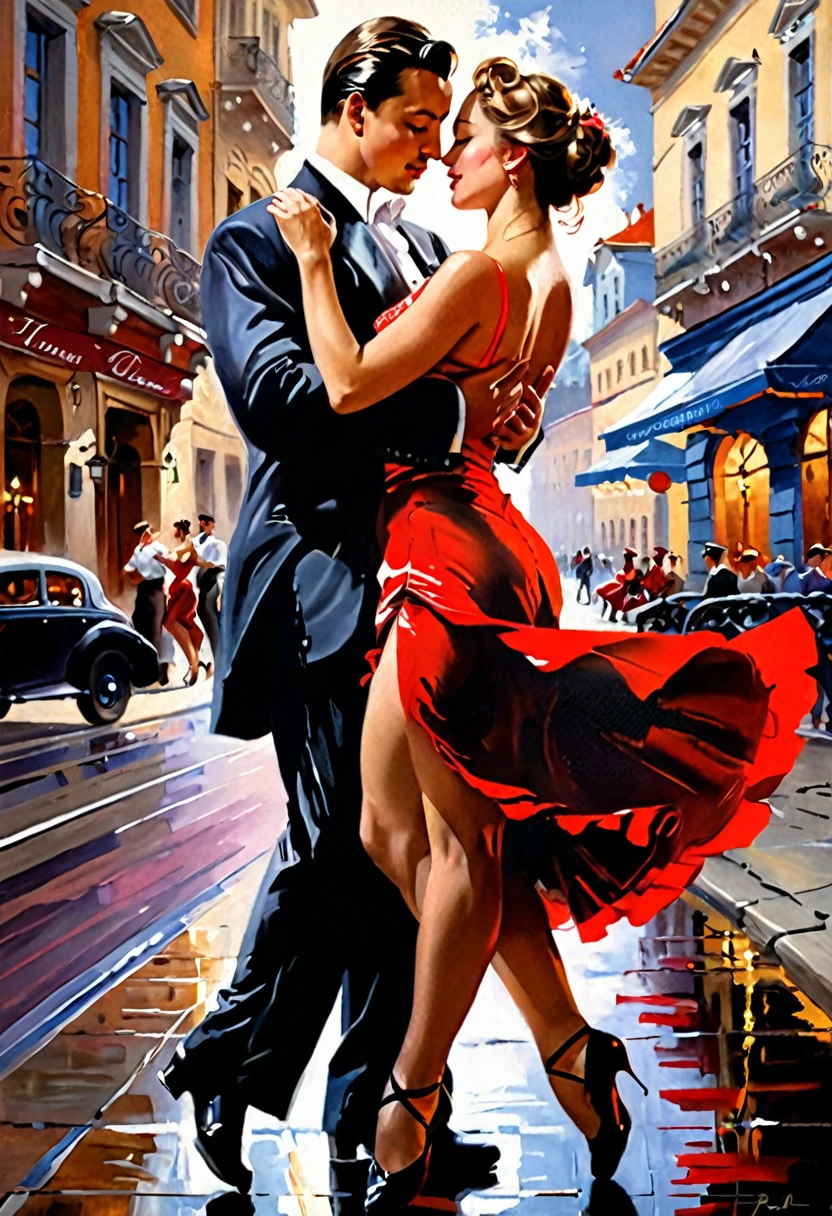 An ultra-realistic painting of a couple dancing sensually on a city street. The man is facing the camera, holding the woman with one hand on her thighs. The woman is positioned sideways, with her legs in an elegant and sensual pose, as if he were about to dance the tango. The work has a romantic and engaging atmosphere, Inspired by the style of Vladimir Volegov, konstantin razumov, Marek Okon, Wlop, andrei riabovitchev, and Pablo Muñoz Gómez. The composition emphasizes the sensuality of the movement and the intimacy of the couple, with soft, detailed strokes that capture the passion and emotion of dance, in a fusion of classical and contemporary artistic styles.