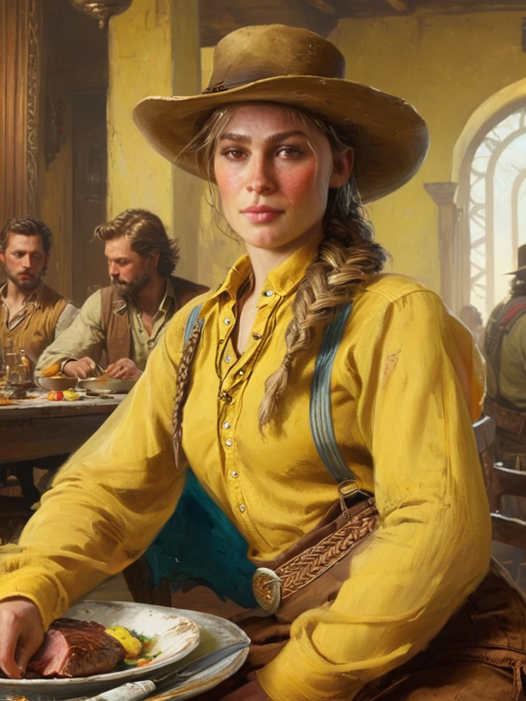 SadieAdler, wearing a cowboy outfit, braided blonde hair, yellow shirt, brown cowboy hat, brown pants, sitting at a table, feasting in the halls of Odin, (painting by gaston bussiere, greg rutkowski, ilya repin, Josef von Brandt, oil on canvas, trending on artstation, featured on pixiv, cinematic composition, extreme detail, metahuman creator, epic background), eating and drinking, exquisite clothing detail, dining table, ale and meat, close up,, 