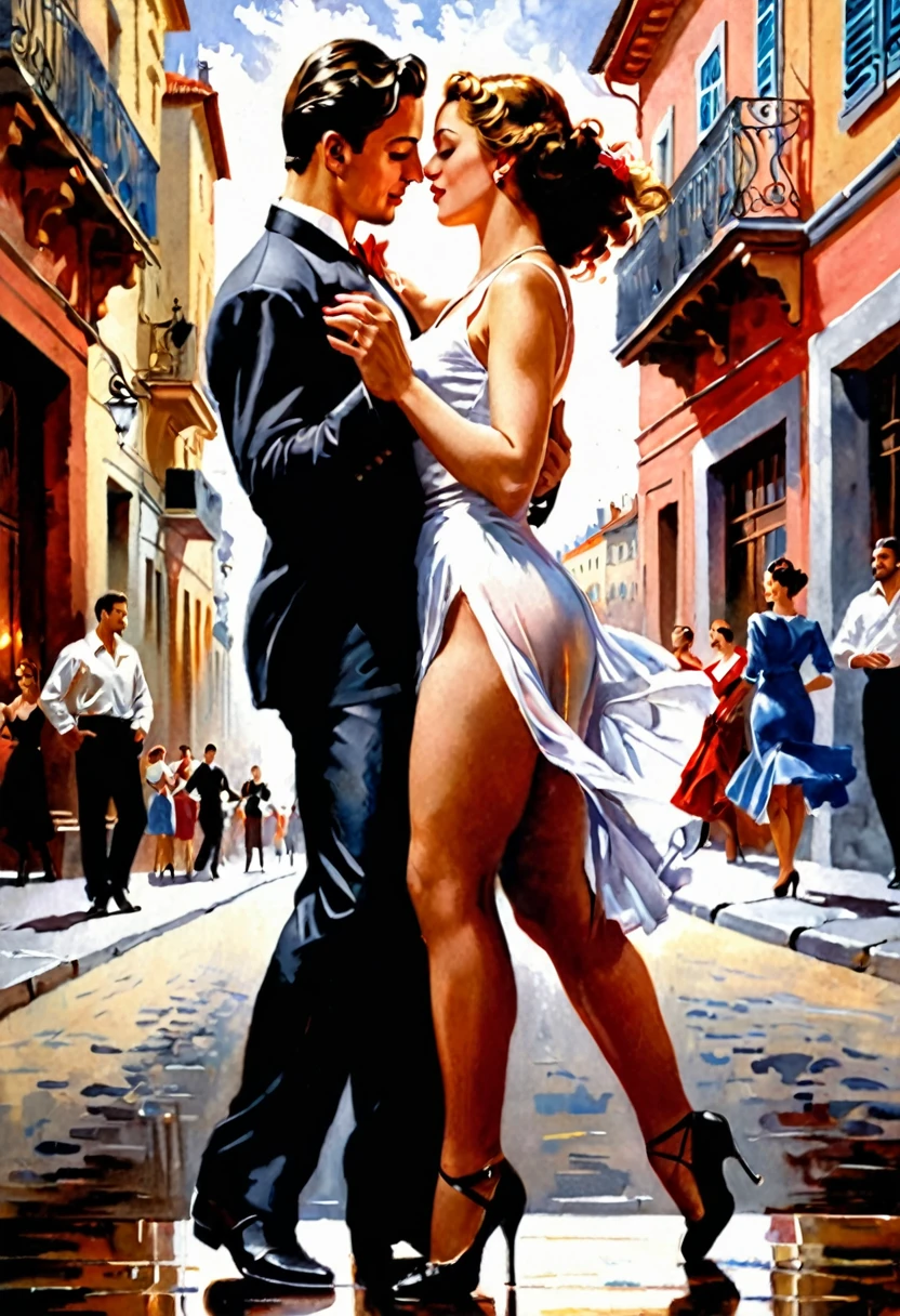 An ultra-realistic painting of a couple on a city street, with the man standing in front of the camera, no reaction, your arms relaxed at your sides, without raising your hands. He is static, while the woman, Next to you, adopts a sensual and insinuating pose, as if he were about to dance the tango. Her legs are positioned seductively, and she leans slightly towards him, creating romantic tension. The man watches her, without touching it, while the woman projeta uma postura elegante e provocante. The composition, inspired by the styles of Vladimir Volegov, konstantin razumov, Marek Okon, Wlop, andrei riabovitchev, and Pablo Muñoz Gómez, mixes the sensuality of dance with an atmosphere of desire and insinuation, highlighting the contrasts between the stillness of the man and the sensual energy of the woman.