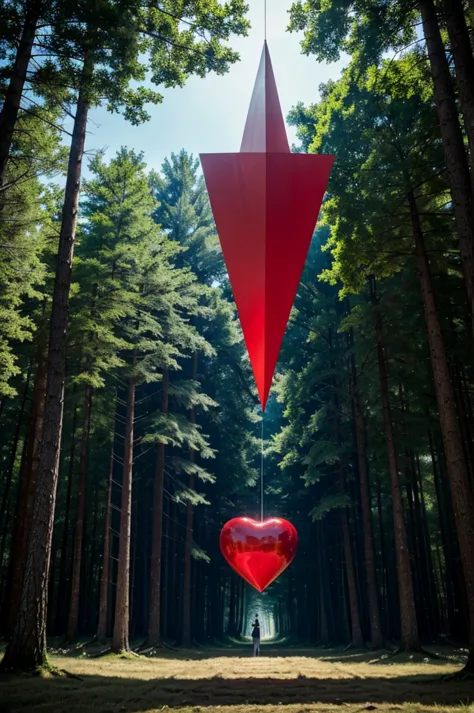 visualize an interpretation of a red heart , floating in the sky above a living, breathing forest. integrate bold black and whit...