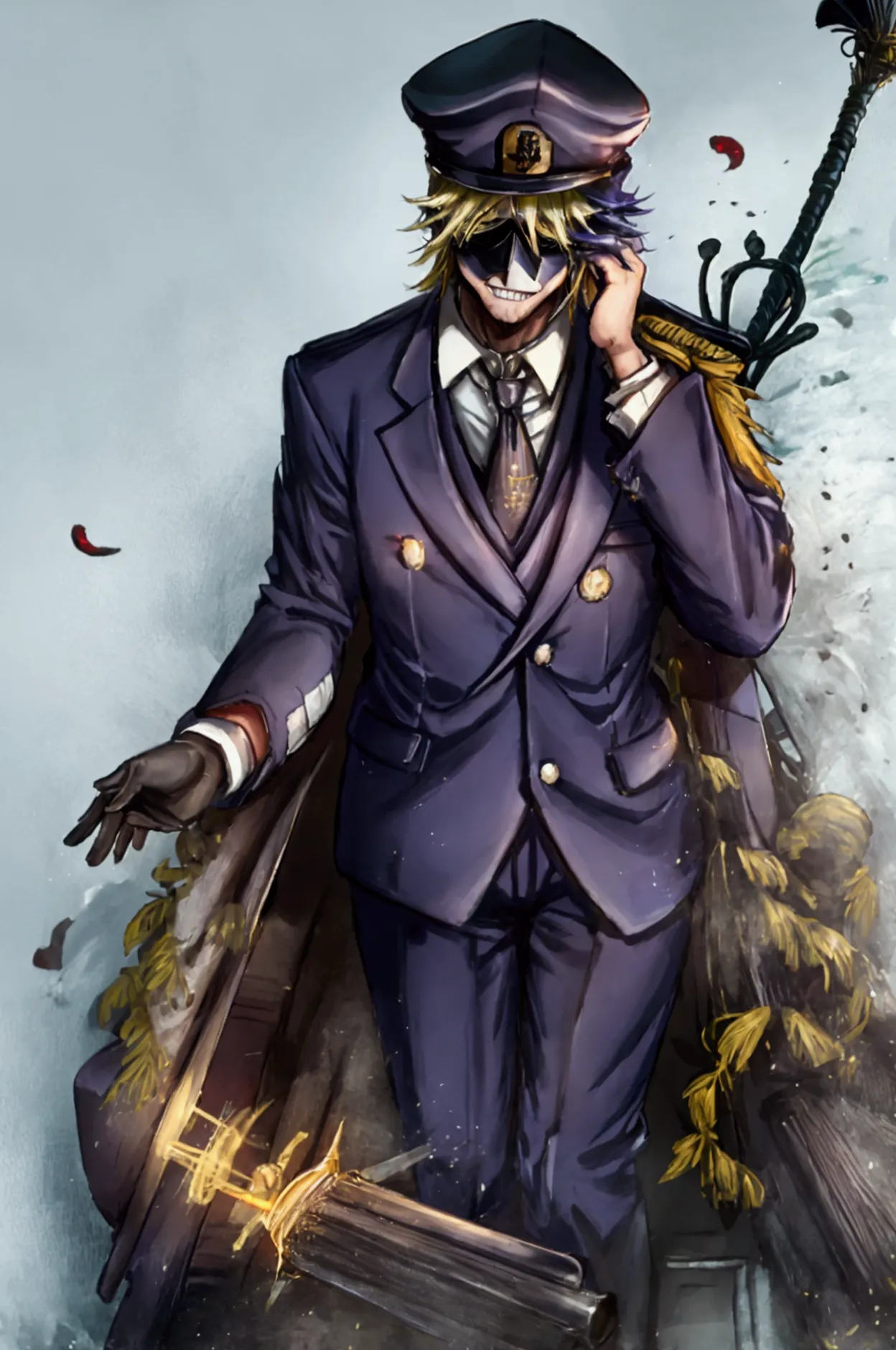 male, fatui harbinger, age 25, military uniform, suits, ties, classic, with bowler hat, wear half mask cover his upper face. rid...