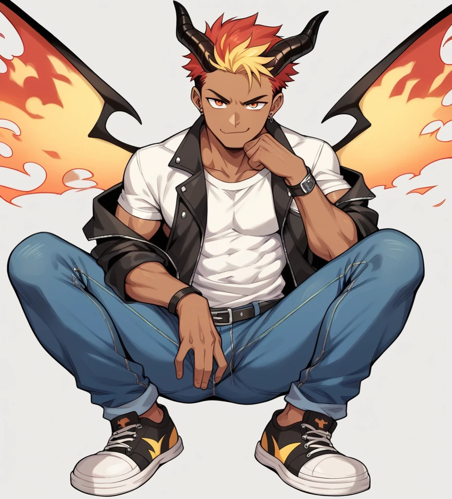 score_9, score_8_up, score_7_up, score_6_up, score_5_up,    raichiyo33, 1boy, male, Fiery red hair, Unkempt
- Black varisity jacket
-college jacket
- White t-shirt
- Worn jeans
- sneakers
- Dragon wings
- Smug face
- Black horns
- Athletic build
-dark skin
-detailed face
-Closed Mouth
-Looking at viewer, 