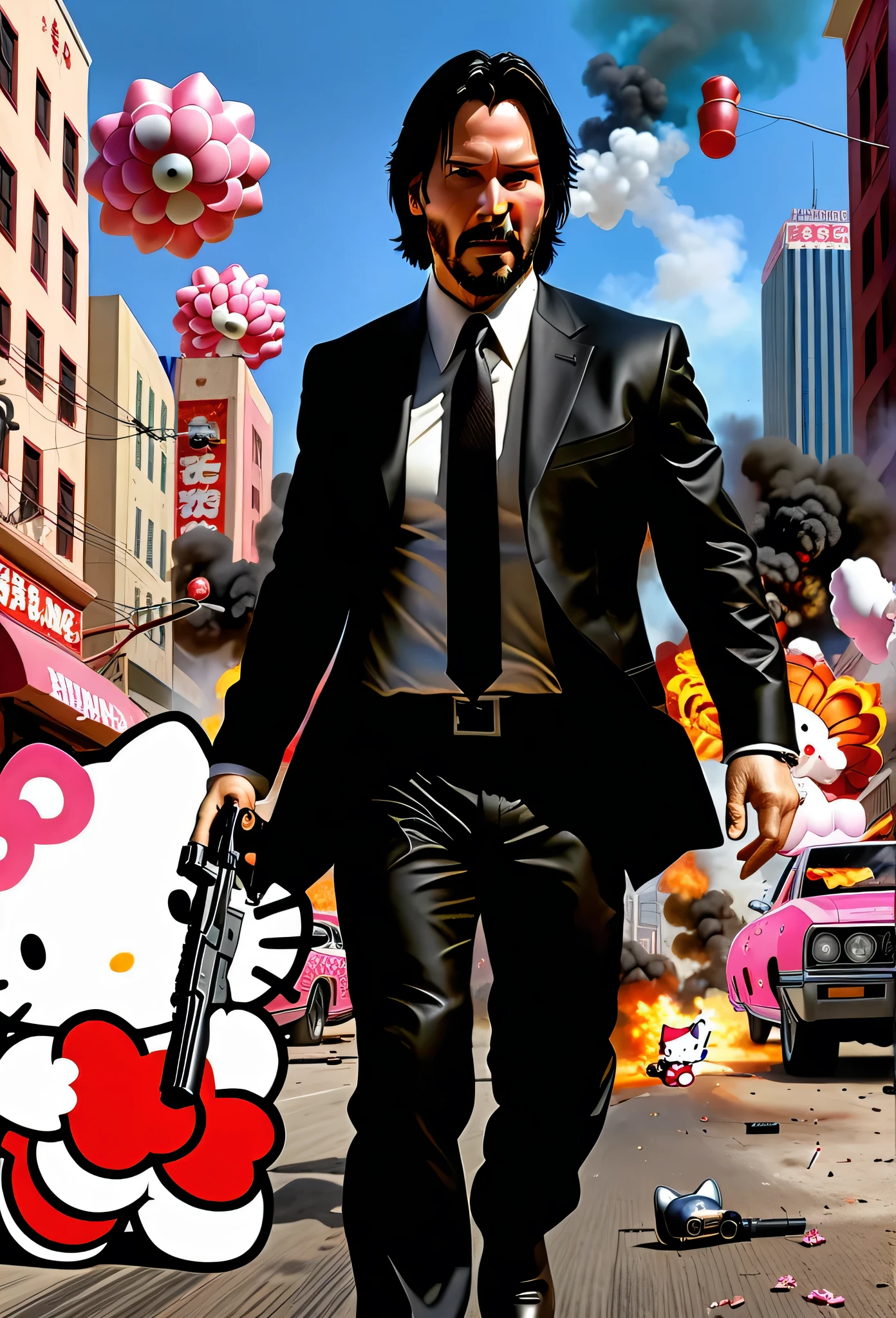 Keanu Reeves in a gunfight with Hello Kitty