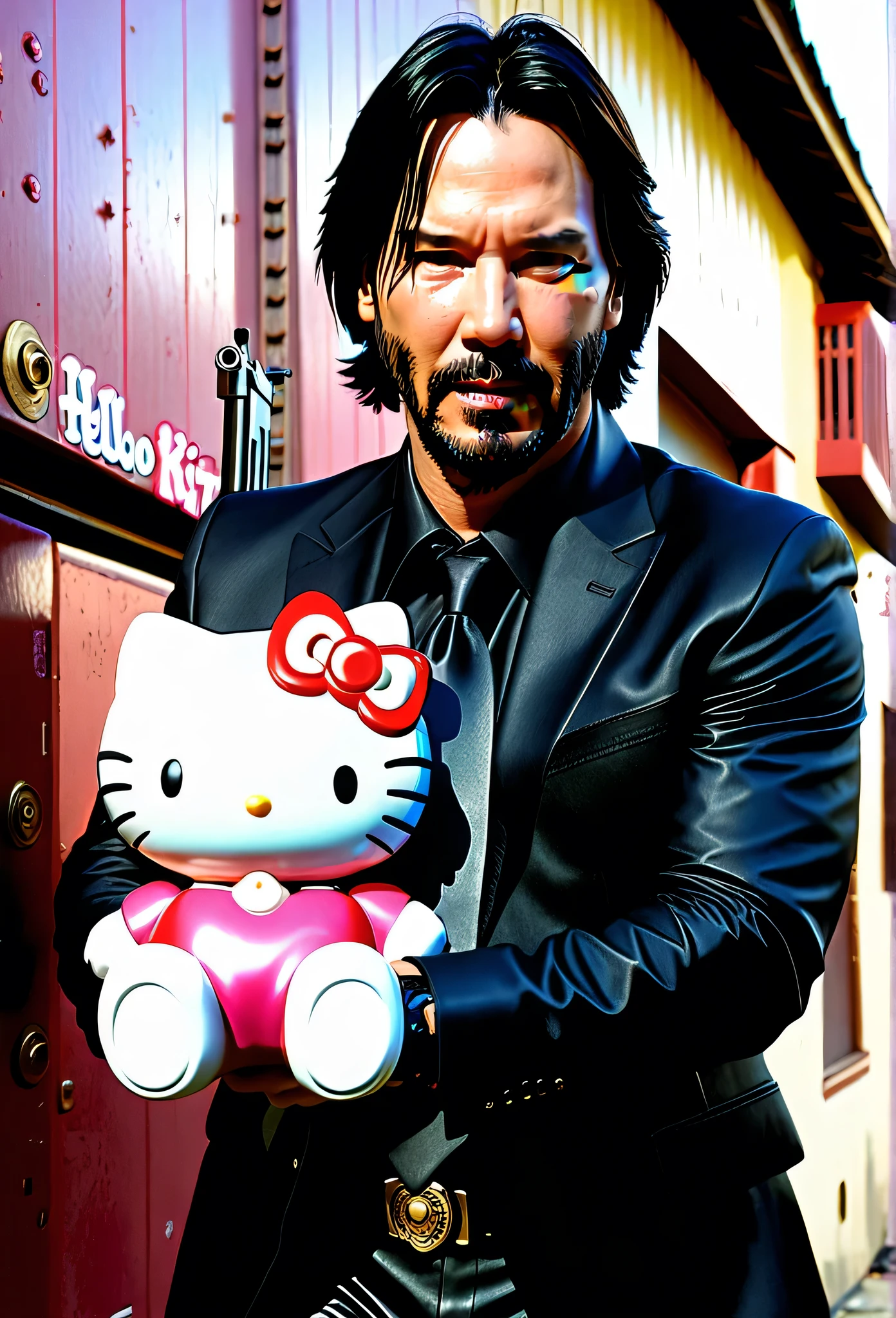 Keanu Reeves in a gunfight with Hello Kitty