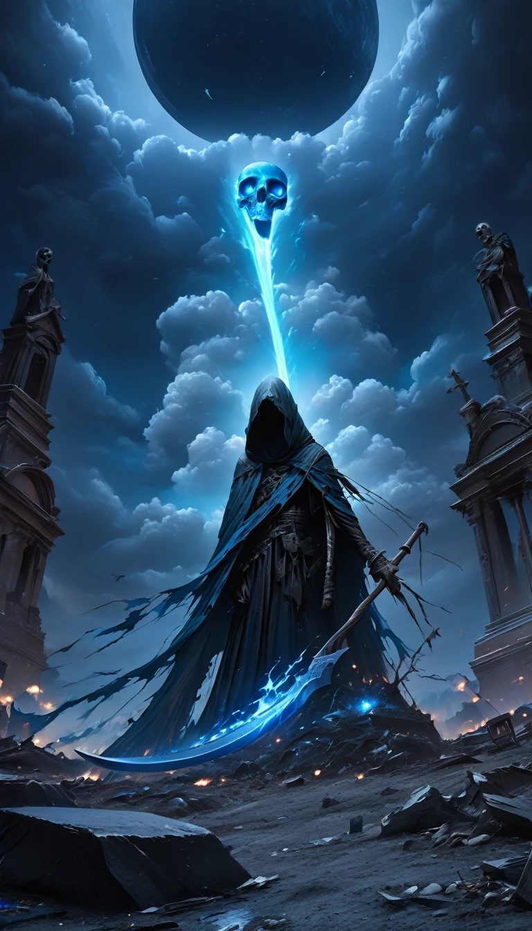 Quality (masterpiece, best Quality, 8k, wallpaper of extremely detailed CG unit, high resolution, top-Quality, top-Quality real texture skin, hyper realistic, increase the resolution, RAW Photos, best Quality, highly detailed, The wallpaper), BREAK, Alone, hooded youth with a giant scythe wrapped in blue fire, Dark clothing with skull details, postura amenazante en un dark cemetery, Giant full moon in the background in the shape of a skull illuminating the scene. Extreme details in the texture of clothing, glow of blue fire coming out of the scythe and detailed texture of the sky and moon. BREAK, Background (dark cemetery, broken tombstones, dim lights of the flames, night sky with scattered clouds), (Dynamic Angle:1.6), (Pulitzer Prize winning photo:1.3), (award winning photo), Beautiful dramatic lighting that highlights the contrast between the darkness and the blue fire, details in the apocalyptic environment, high shutter speed, depth in the artistic approach to the scene, (long shot:1.5), (wide shot:1.5)