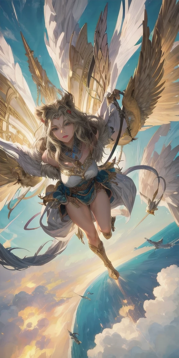 (aerial view),dynamic angle,ultra detailed, illustration, close up, straight, tap, mythological creatures, majestic, Powerful wings, lion&#39;s body, eagle head, feroz gaze, sharp claws, feat, golden beak, large size, flying, mountains, cloudy sky, Ancient ruins, fantasy kingdom, mythological paisaje, epic, magical, mythological creatures, mythological beasts, feroz, mythical monsters,rz-passage