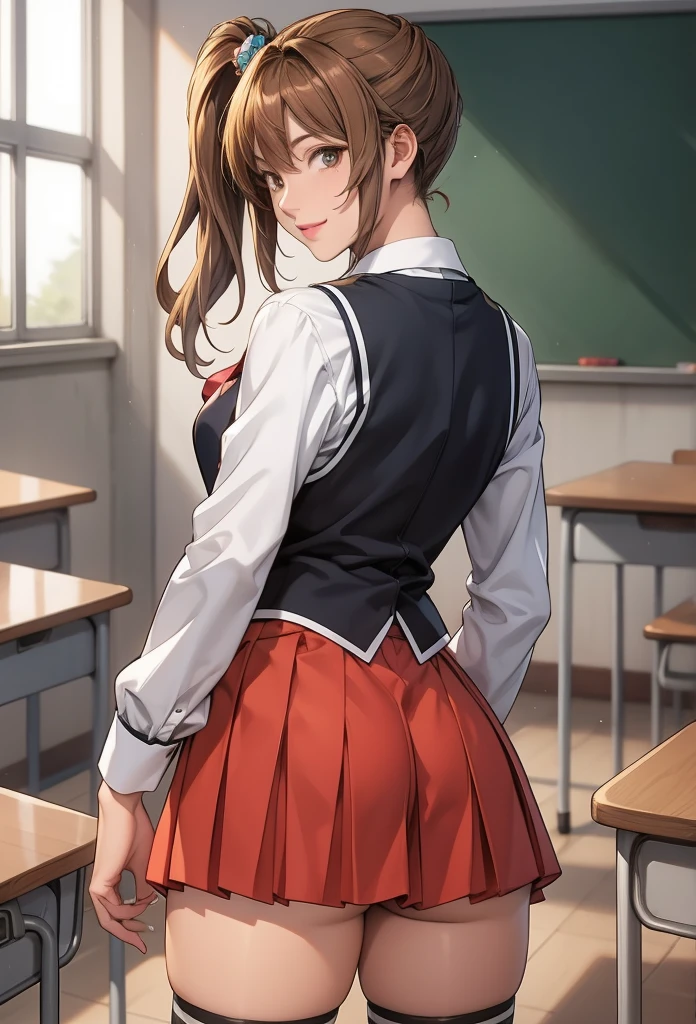 perfect eyes:1.2, detailed eyes:1.4, smile, teeth, 1girl kurumi imari, school uniform, red skirt, red necktie, black, thighhighs, white shirt, black vest strap, cowboy shot, 1girl, solo, (masterpiece:1.6, best quality), 8k, insane details, intricate details, hyperdetailed, hyper quality, high detail, ultra detailed, professional, HDR, ray tracing reflection, cinematic lighting,