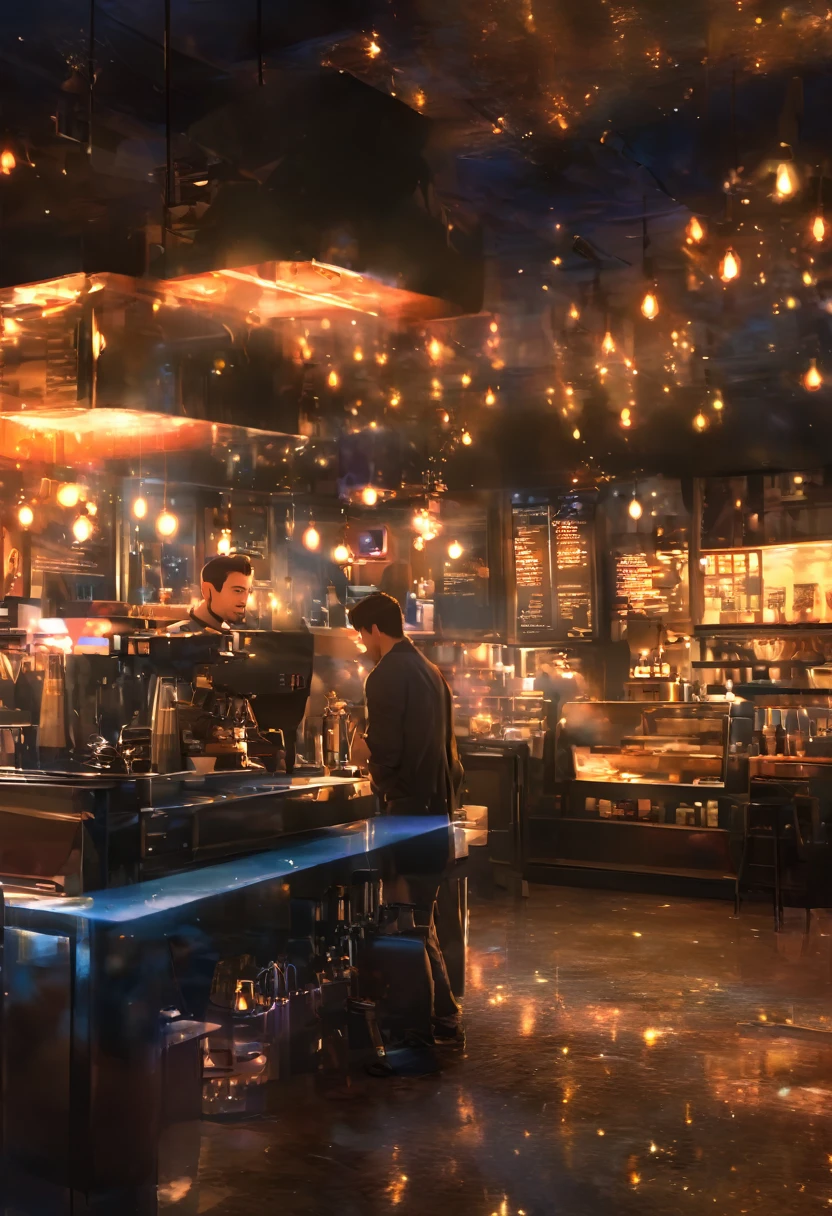 masterpiece, Concept Art, break, 1 handsome man, coffee shop,  atmospheric perspective, anime style, chromatic aberration, cinematic lighting, reflection light, 8K, super detail, best quality, uhd, high details, textured skin