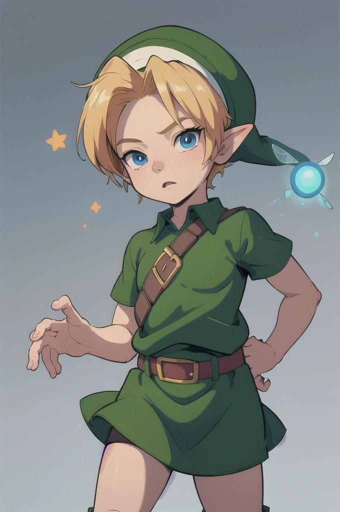 masterpiece, best quality, 1boy, younglink, blonde hair, blue eyes, hat, pointy ears, green tunic, belt, boots, (looking at fairy), hands on hips, simple background 