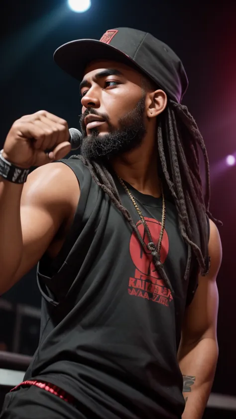 rappers in rhyme battles , nightclub. young man with long ninja style hair and beard, light pearly skin