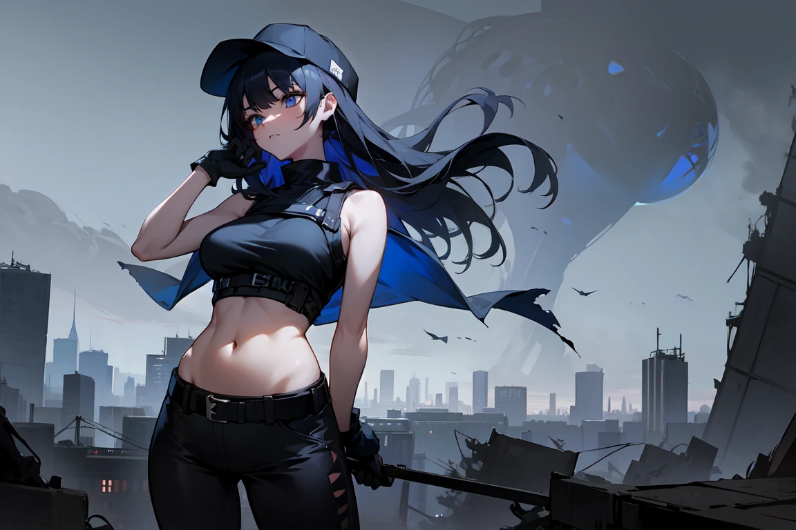  saori joumae, wide hips, torn clothes, massive hips, apocalypse, destroyed city, ruins, dark sky, from front, belt, black headwear, black pants, black shirt, blue gloves, crop top, gloves, leggings, midriff, navel, pants, shirt, sleeveless