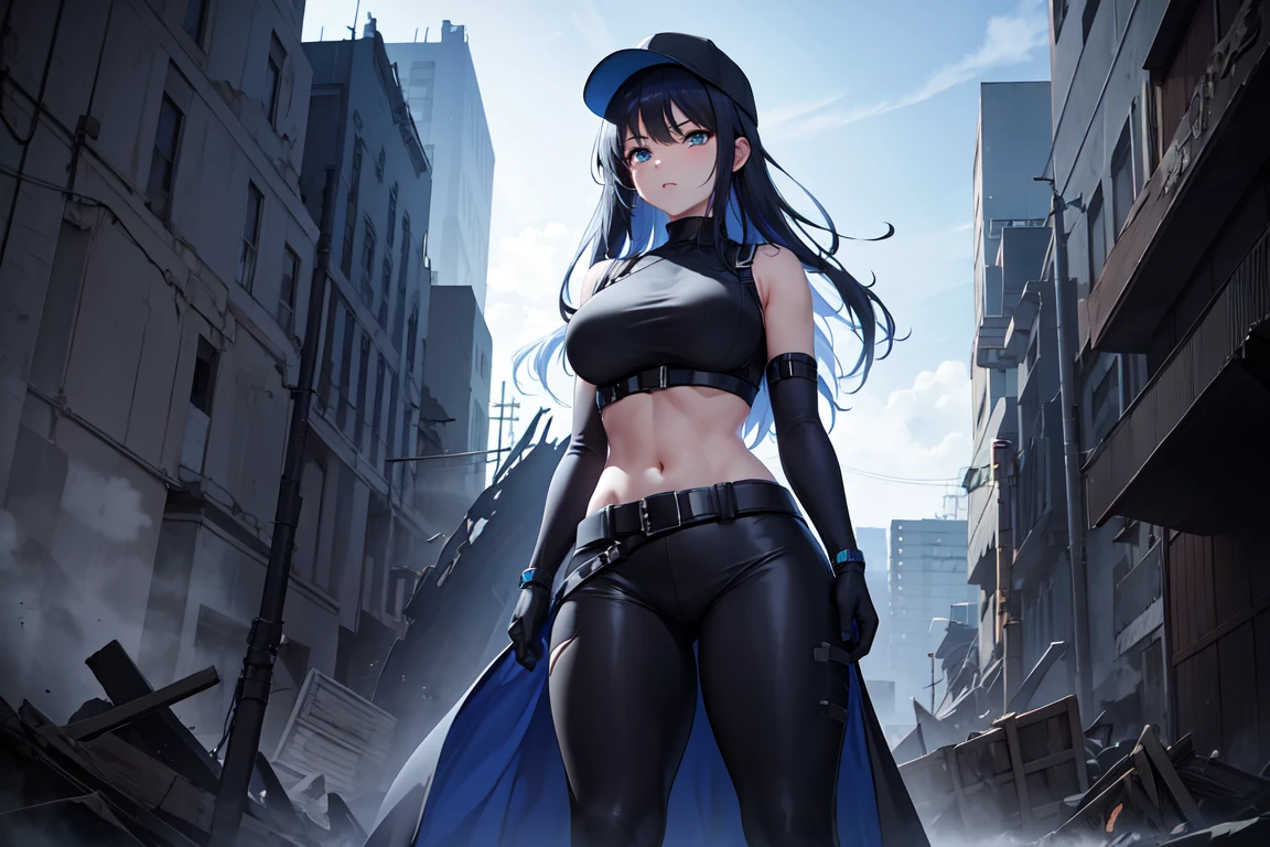  saori joumae, wide hips, torn clothes, massive hips, apocalypse, destroyed city, ruins, dark sky, from front, belt, black headwear, black pants, black shirt, blue gloves, crop top, gloves, leggings, midriff, navel, pants, shirt, sleeveless