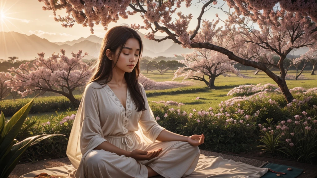 In a vast, dreamlike world with many flowering mango trees,  wearing loose clothes, she meditates under the morning sun. very detailed image. Feeling of calm and fullness. cinematic lighting