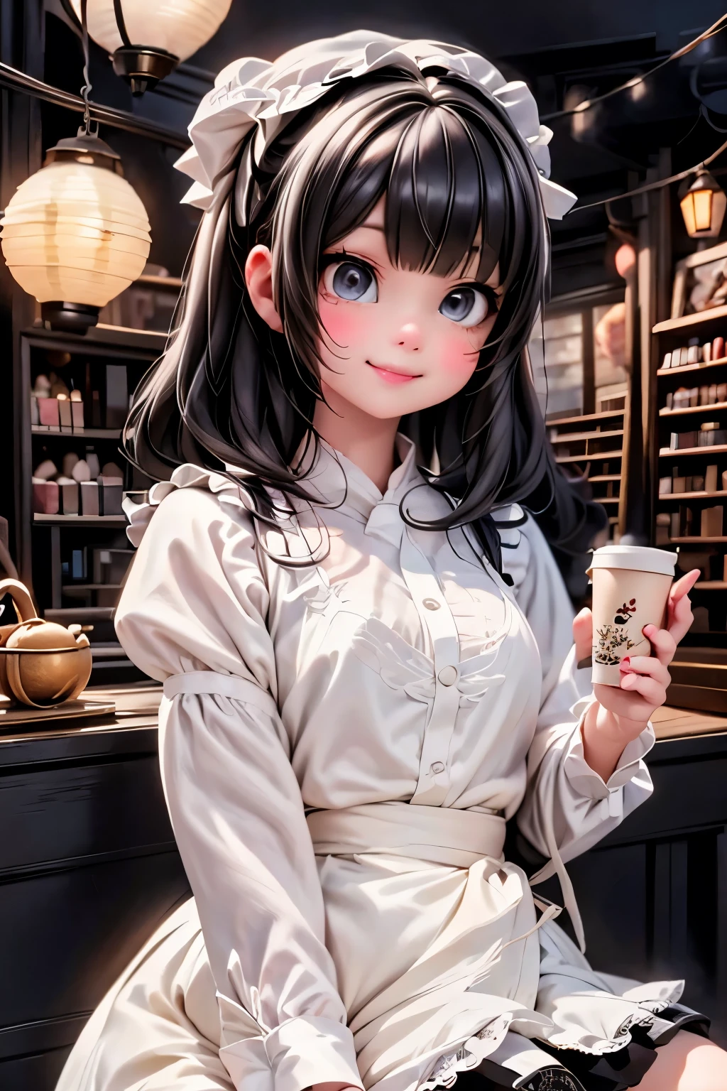 a cartoon girl, (drinking coffee), white lace cloth shirt, fluffy skirt, victorian coffeee shop at night, night scene, candles and lanterns lighting the area